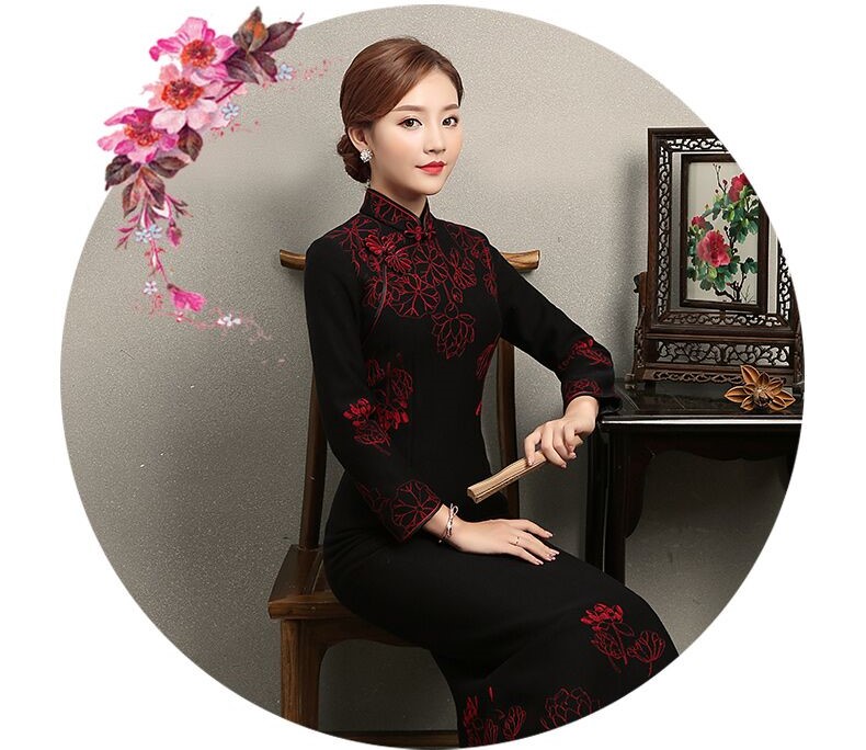 家佳樂文學(xué)荷花刺繡旗袍，復(fù)古中式旗袍裙