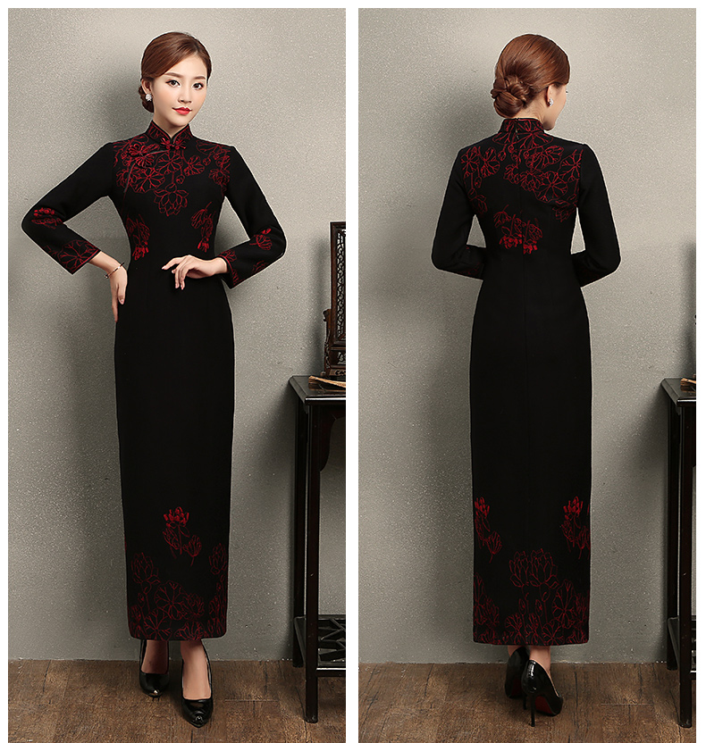 家佳樂文學(xué)荷花刺繡旗袍，復(fù)古中式旗袍裙