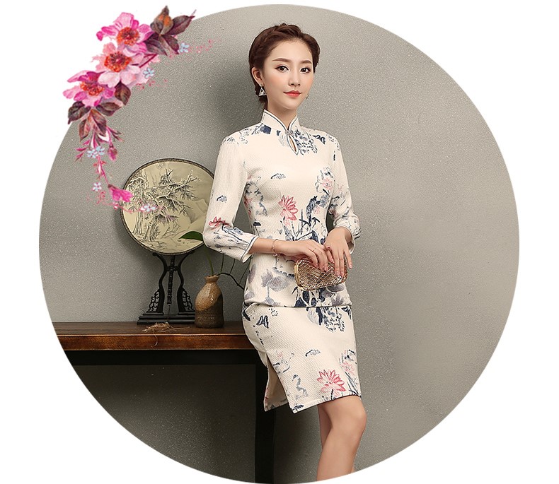 家佳樂(lè)文學(xué)水墨荷花印花旗袍，復(fù)古中式白色旗袍裙