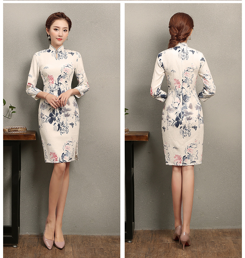 家佳樂(lè)文學(xué)水墨荷花印花旗袍，復(fù)古中式白色旗袍裙