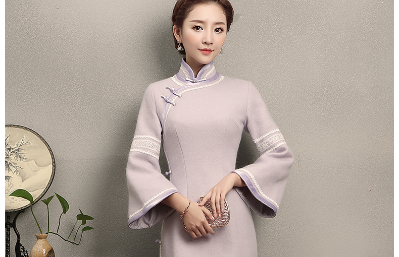 淺紫色花邊旗袍，簡(jiǎn)潔大氣的旗袍裙