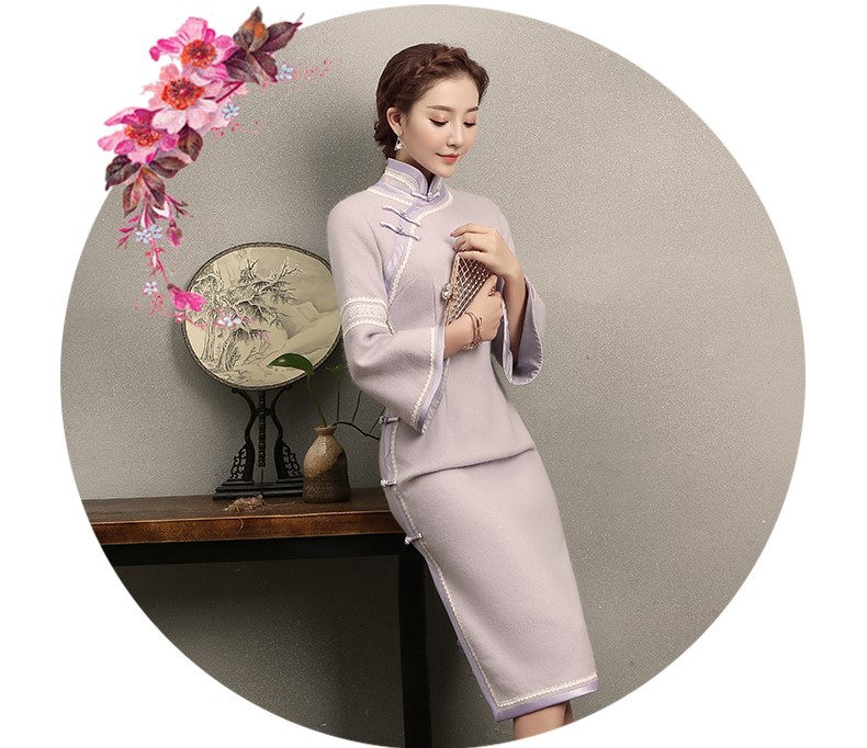 淺紫色花邊旗袍，簡(jiǎn)潔大氣的旗袍裙
