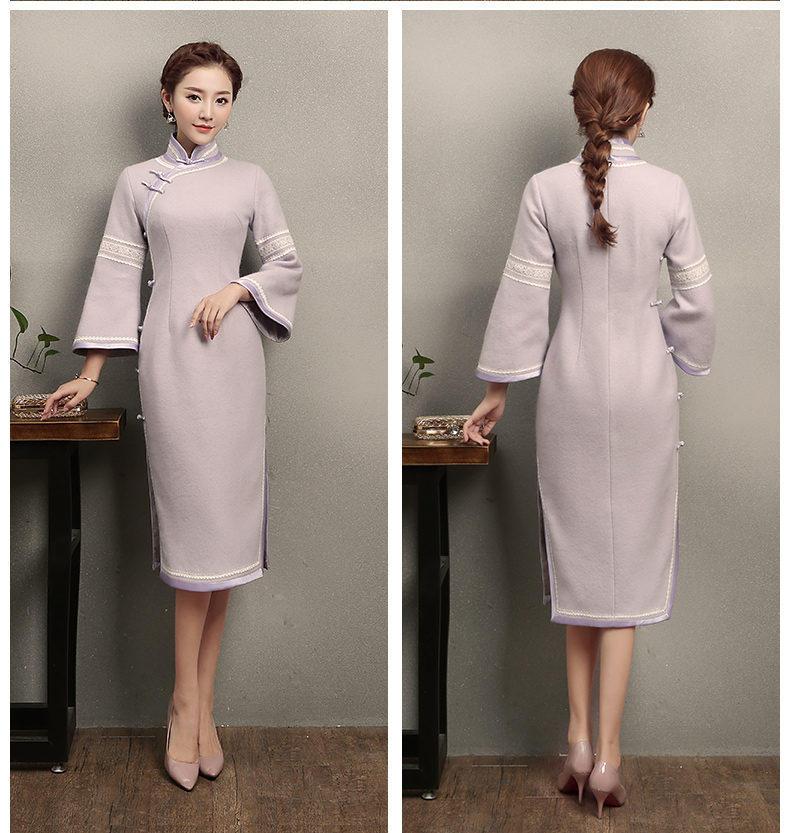 淺紫色花邊旗袍，簡(jiǎn)潔大氣的旗袍裙