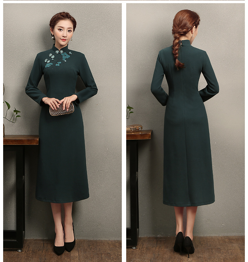 淺墨綠色繡花旗袍，碧嫻復古旗袍裙