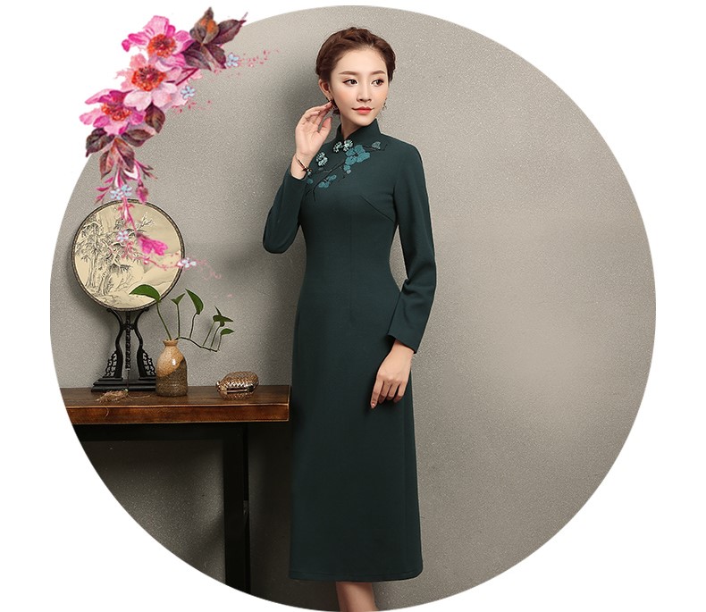 淺墨綠色繡花旗袍，碧嫻復古旗袍裙