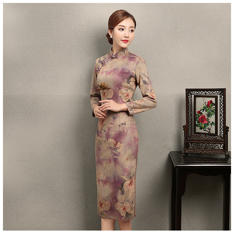 杏灰紫玉蘭印花旗袍，復(fù)古旗袍裙
