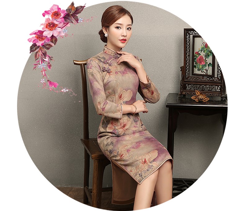 杏灰紫玉蘭印花旗袍，復(fù)古旗袍裙