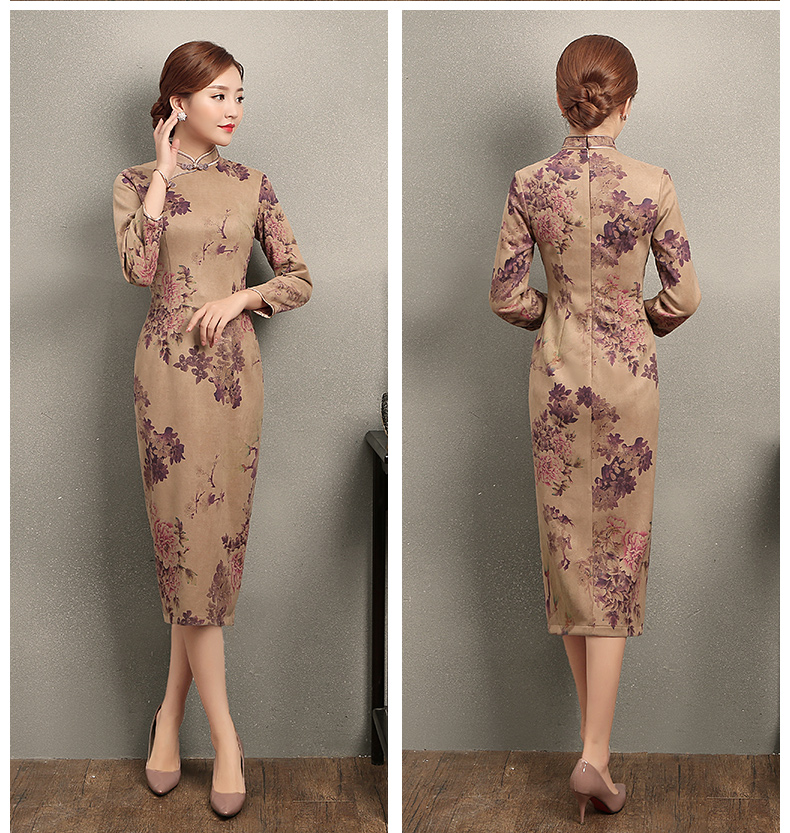 紫云牡丹印花旗袍，復(fù)古風(fēng)旗袍裙