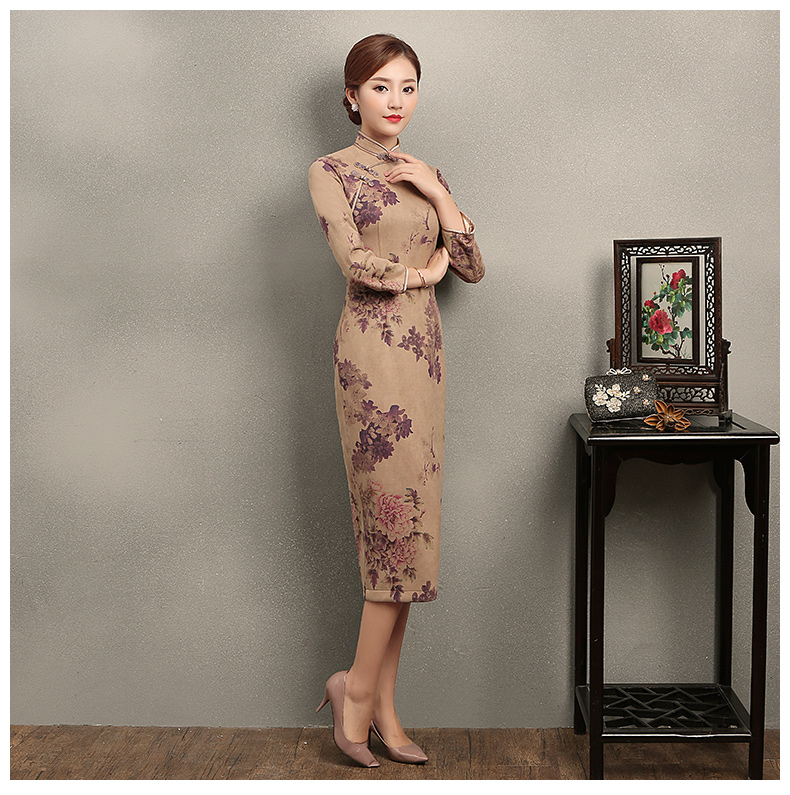 紫云牡丹印花旗袍，復(fù)古風(fēng)旗袍裙