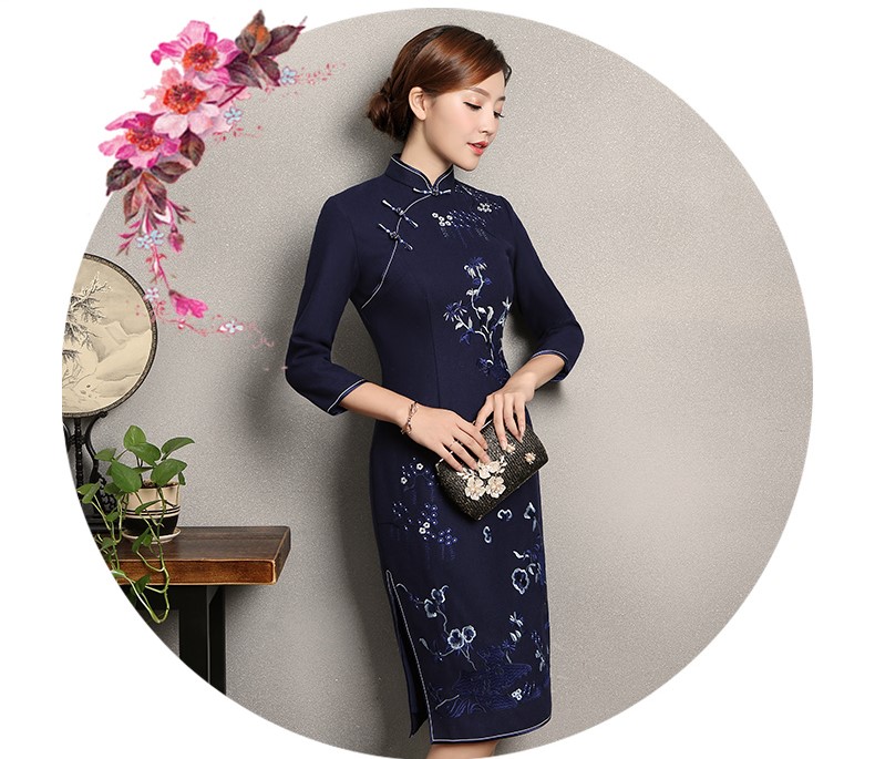 深藍(lán)色繡花旗袍，復(fù)古風(fēng)旗袍裙