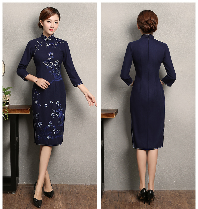 深藍(lán)色繡花旗袍，復(fù)古風(fēng)旗袍裙