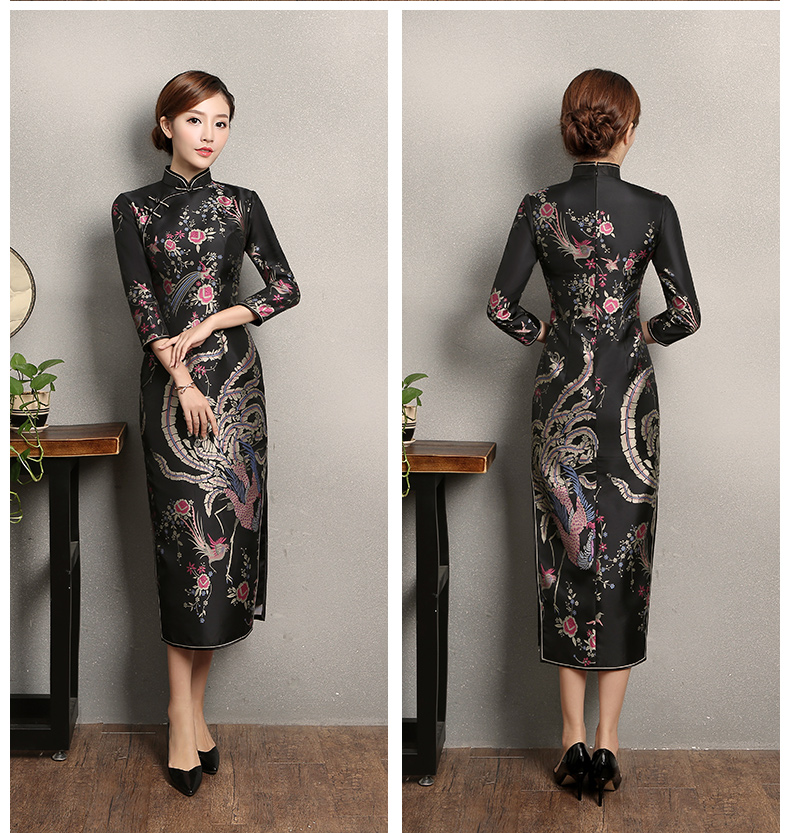 黑色鳳鳥提花旗袍，復(fù)古風(fēng)旗袍裙