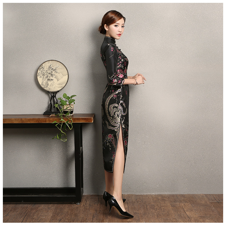 黑色鳳鳥提花旗袍，復(fù)古風(fēng)旗袍裙