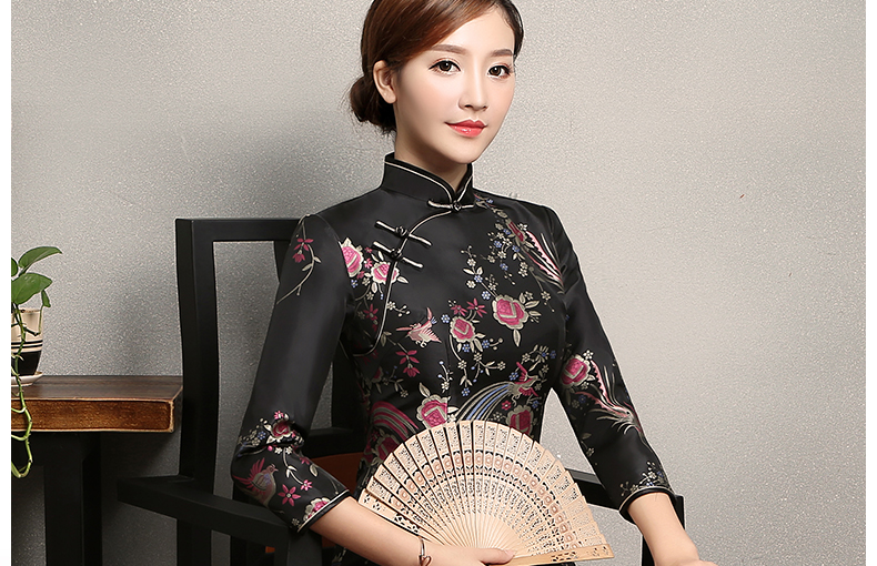 黑色鳳鳥提花旗袍，復(fù)古風(fēng)旗袍裙