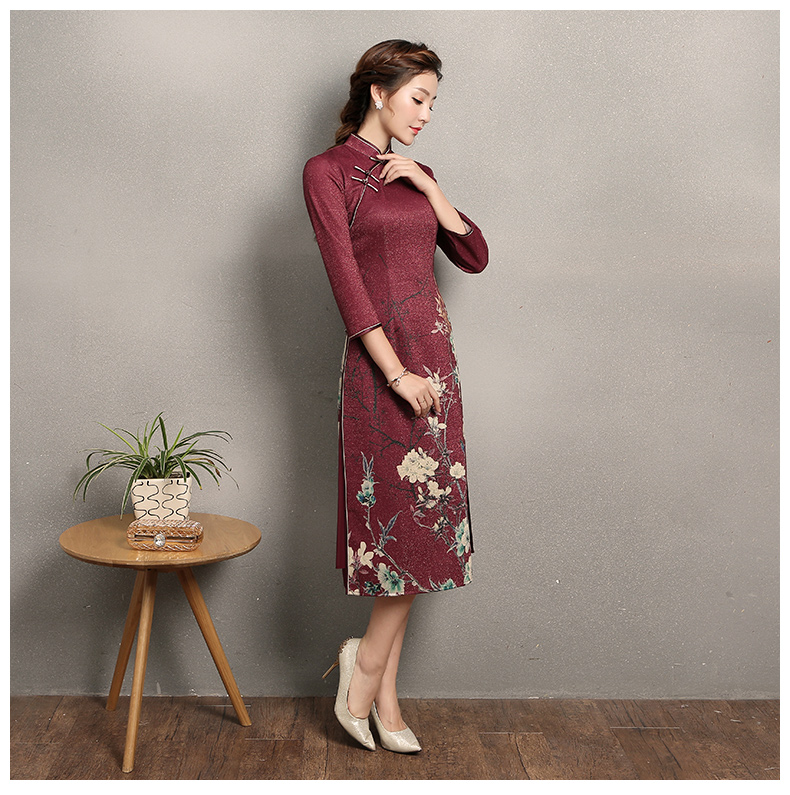 棗紅色奧黛風(fēng)旗袍，復(fù)古中式旗袍裙