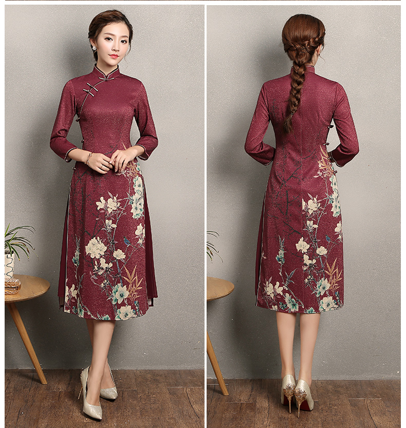 棗紅色奧黛風(fēng)旗袍，復(fù)古中式旗袍裙