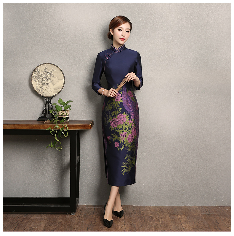 寶藍(lán)色孔雀提花旗袍，復(fù)古中式旗袍裙