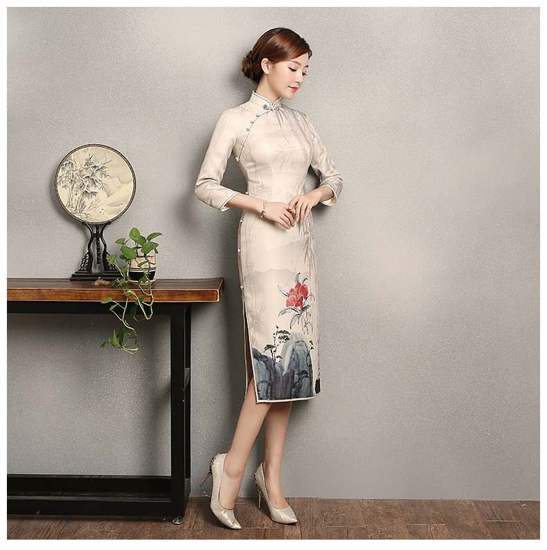 水墨山水印花染旗袍，復(fù)古家佳樂文學(xué)旗袍裙