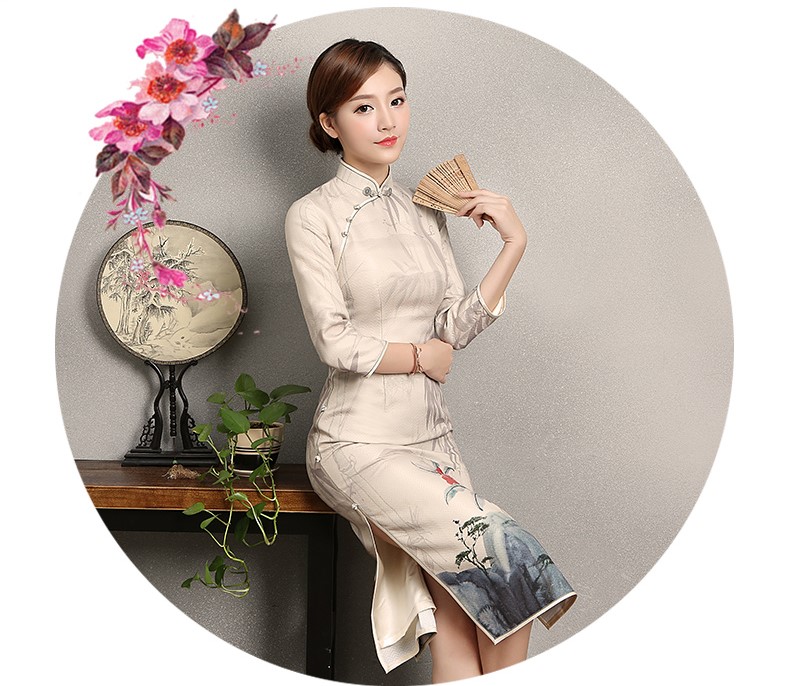 水墨山水印花染旗袍，復(fù)古家佳樂文學(xué)旗袍裙