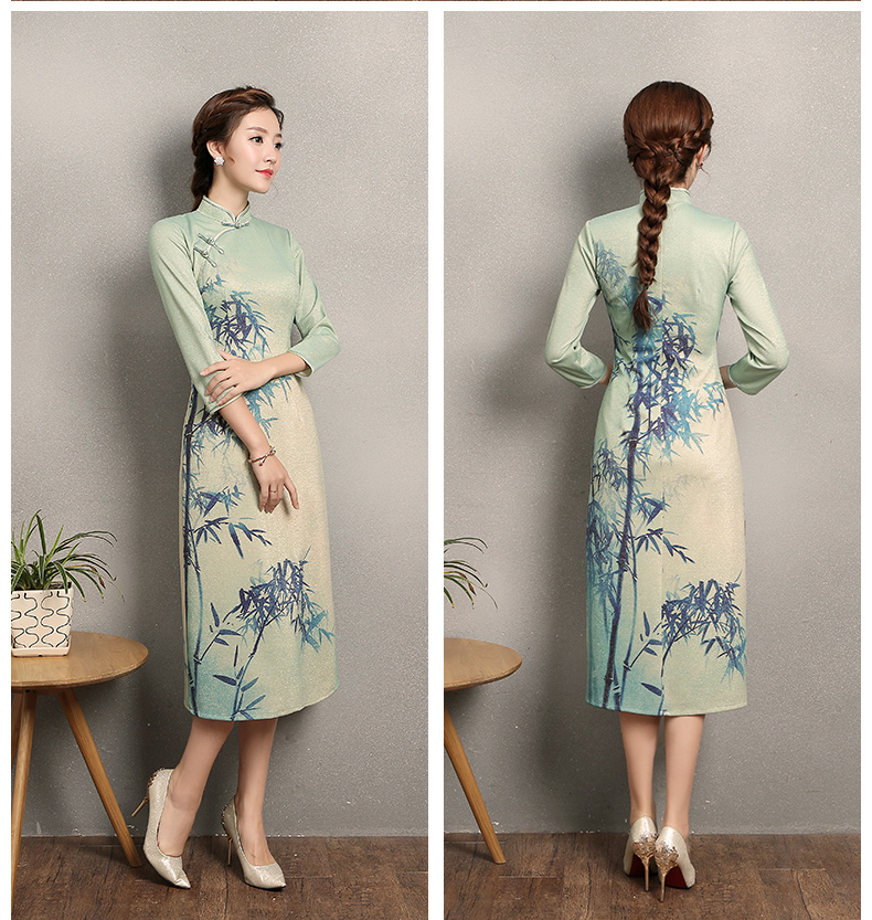 淡綠羞竹印花旗袍，時(shí)尚家佳樂文學(xué)旗袍裙