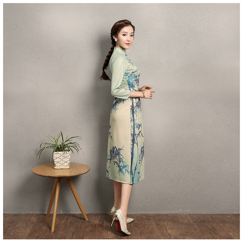 淡綠羞竹印花旗袍，時(shí)尚家佳樂文學(xué)旗袍裙