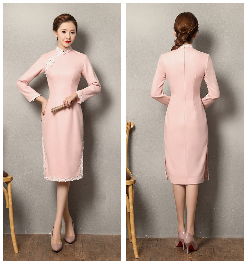 粉色蕾絲花邊旗袍，清純淑女旗袍裙