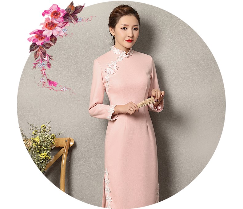 粉色蕾絲花邊旗袍，清純淑女旗袍裙