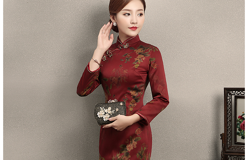 深紅色印花旗袍，復古家佳樂文學旗袍裙