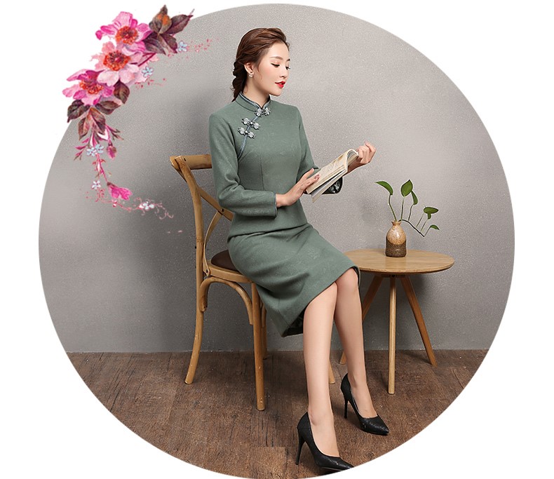 素凈灰綠色旗袍，復(fù)古家佳樂文學(xué)旗袍裙