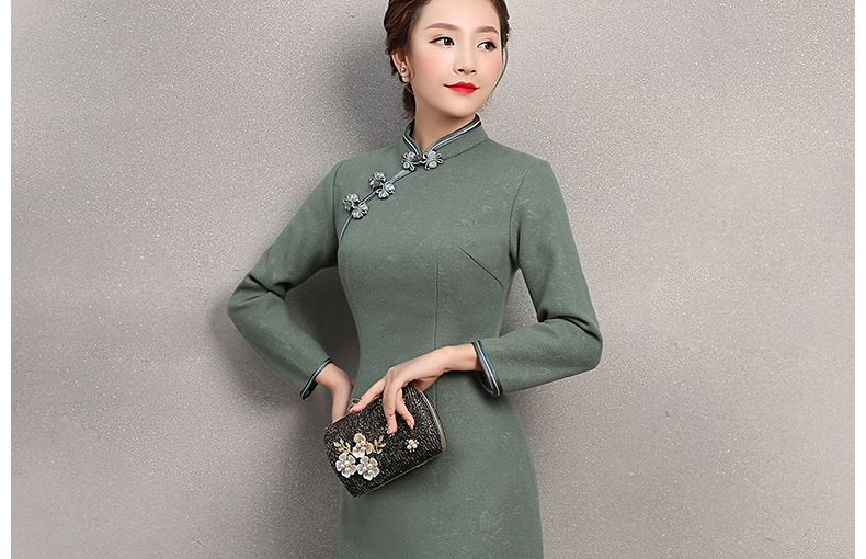 素凈灰綠色旗袍，復(fù)古家佳樂文學(xué)旗袍裙
