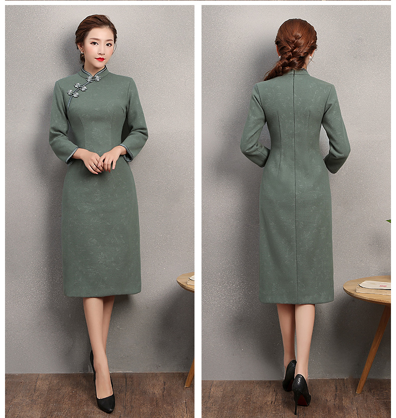 素凈灰綠色旗袍，復(fù)古家佳樂文學(xué)旗袍裙
