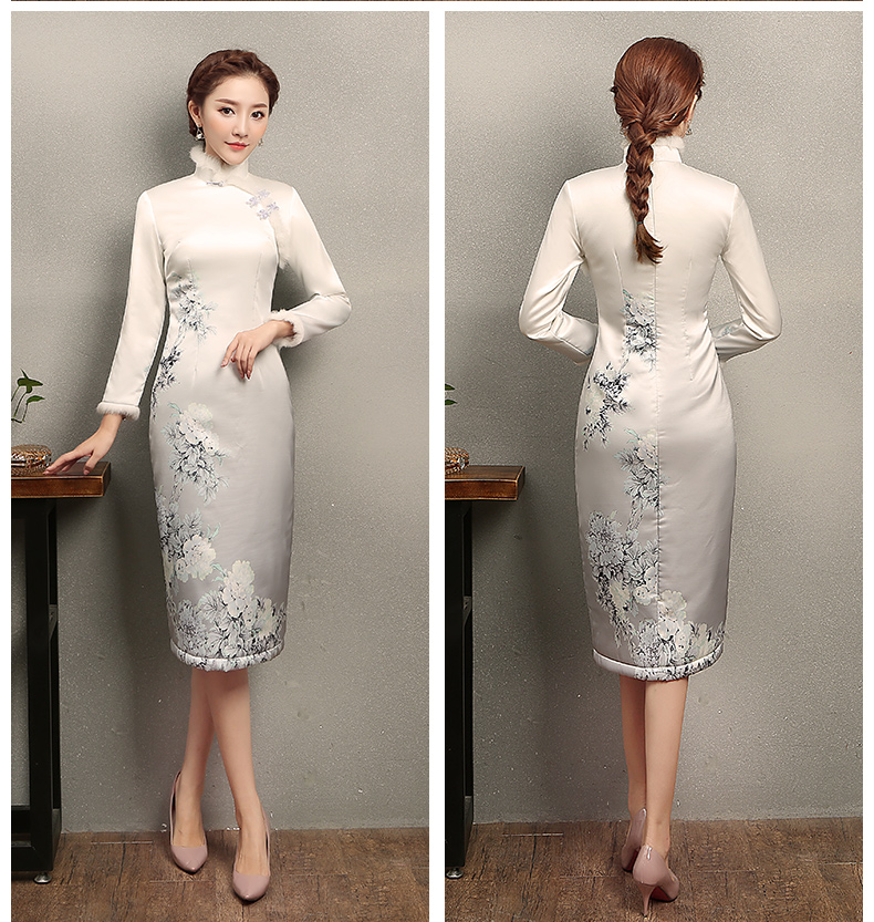 花雪牡丹印花旗袍，白色冬季旗袍裙