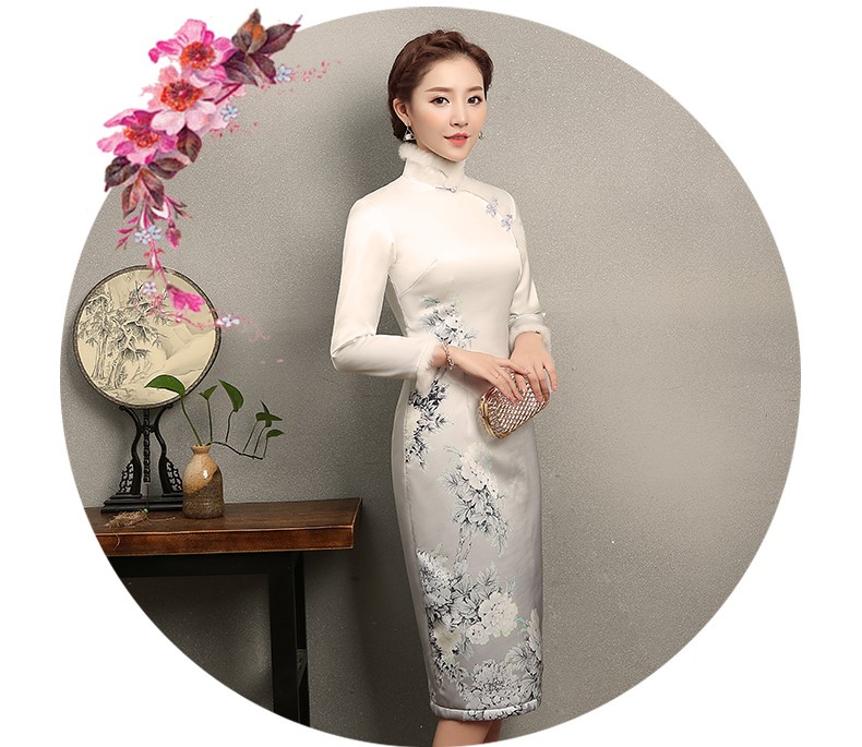 花雪牡丹印花旗袍，白色冬季旗袍裙