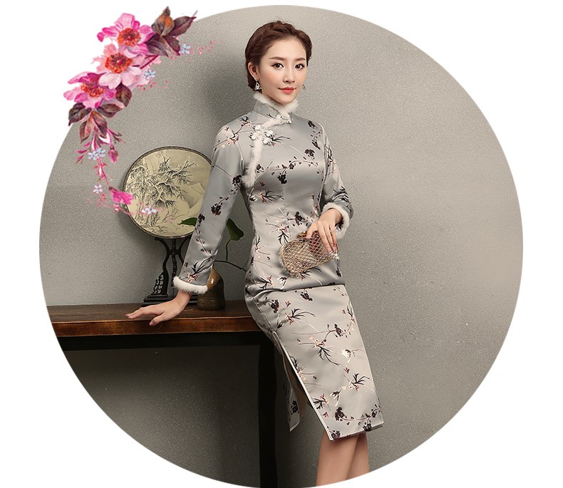 花仟淺灰藍(lán)旗袍，兔毛包邊冬季旗袍裙