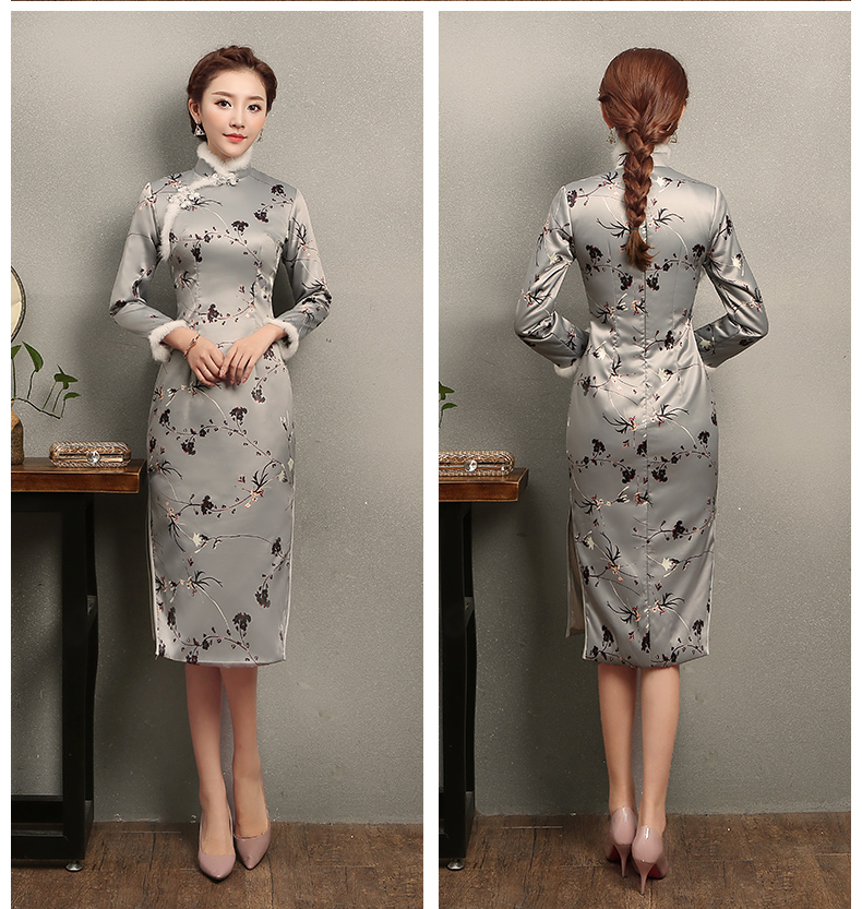 花仟淺灰藍(lán)旗袍，兔毛包邊冬季旗袍裙