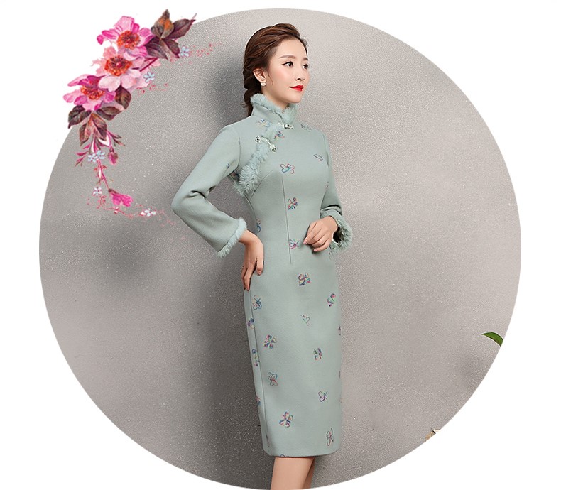 粉綠色舞蝶旗袍，兔毛包邊冬季旗袍裙