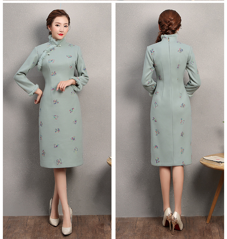 粉綠色舞蝶旗袍，兔毛包邊冬季旗袍裙