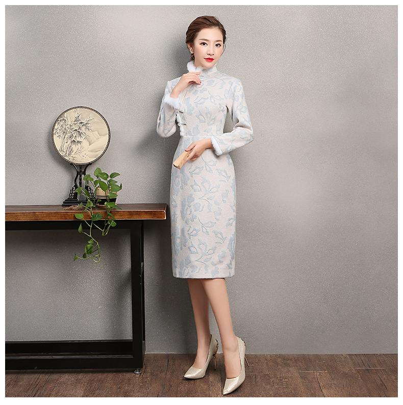 素凈淡雅旗袍，兔毛立領冬季旗袍裙