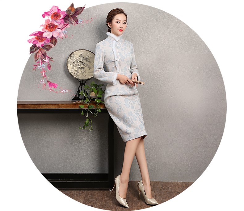 素凈淡雅旗袍，兔毛立領冬季旗袍裙