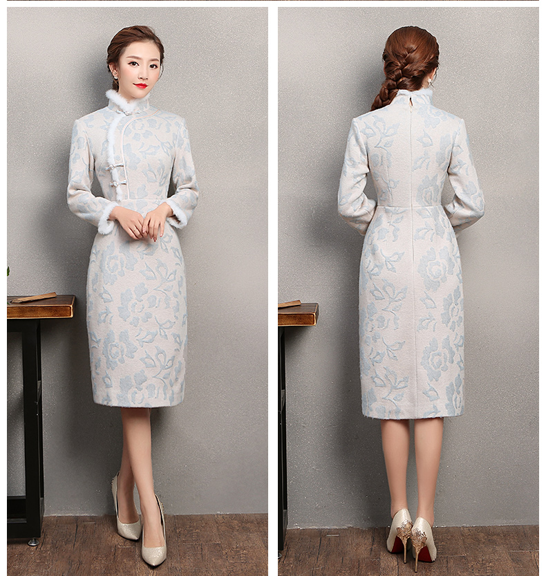 素凈淡雅旗袍，兔毛立領冬季旗袍裙