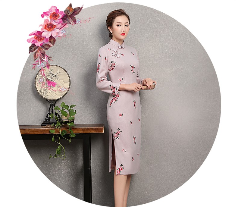 淡粉繡小花旗袍，粉嫩清純旗袍裙