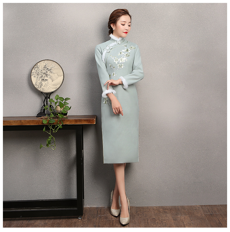 碧綠色繡花旗袍，素淡文藝旗袍裙