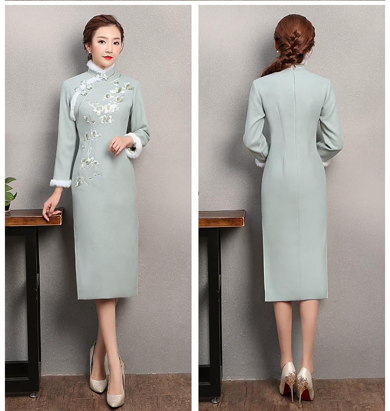 碧綠色繡花旗袍，素淡文藝旗袍裙