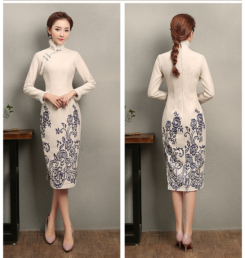青花瓷素雅旗袍，別致兔毛立領(lǐng)旗袍裙