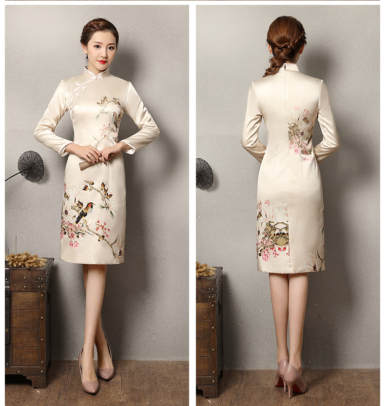 淺杏色樂鵲旗袍，清新復(fù)古旗袍裙
