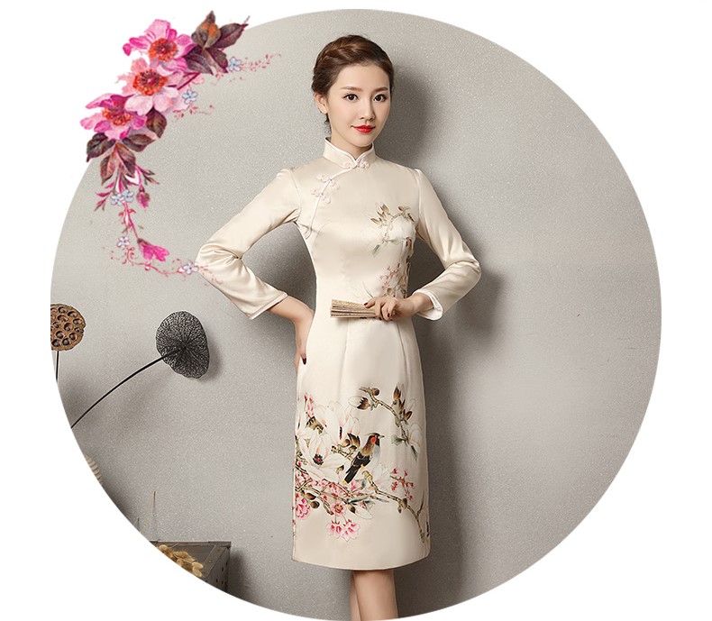 淺杏色樂鵲旗袍，清新復(fù)古旗袍裙