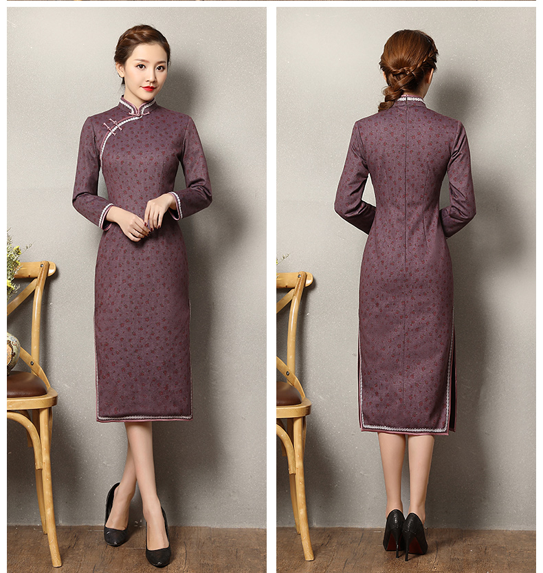 灰紫色雅玉旗袍，復(fù)古暗紅色小花旗袍裙