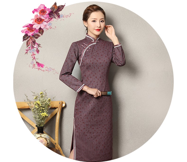 灰紫色雅玉旗袍，復(fù)古暗紅色小花旗袍裙