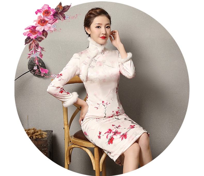 素雅紅雪水墨旗袍，復(fù)古梅花旗袍裙