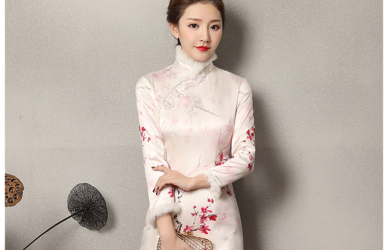 素雅紅雪水墨旗袍，復(fù)古梅花旗袍裙